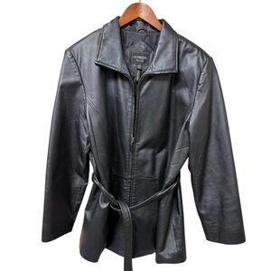 Outbrook Black Leather Jacket Womens Size Large Zip Up Belt Pockets. Mid Length
